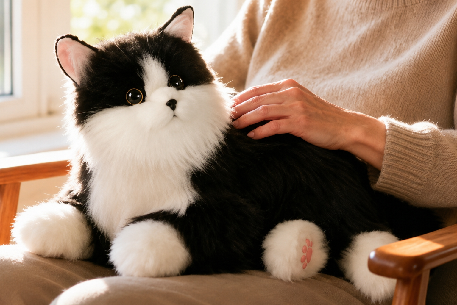 An older woman petting a realistic robotic companion cat in a warm home environment.